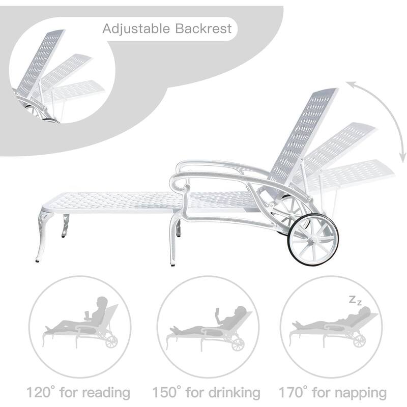 HOMEFUN Aluminum Outdoor Waterproof Chaise Lounge Chair with Adjustable Backrest and Wheels