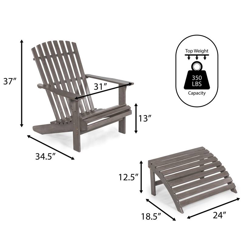 Shoreham 2-Piece Traditional Rustic Acacia Wood Adirondack Chair with Detachable Ottoman, by JONATHAN Y