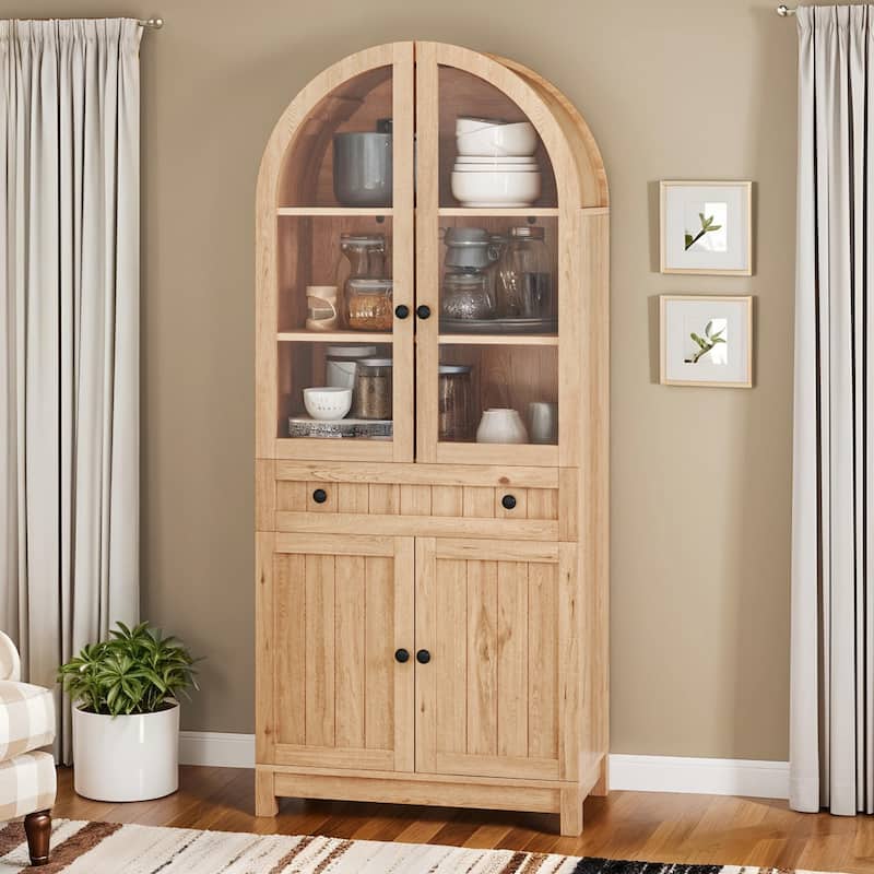 Moasis 71" Tall Farmhouse Arched Kitchen Pantry with Large Drawers And Adjustable Shelves - Natrual