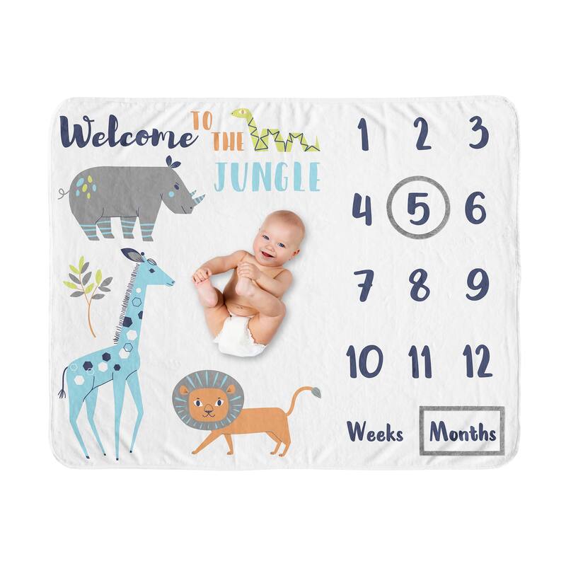 Safari Jungle Animal Boy Girl Baby Monthly Milestone Blanket - Neutral Mod Turquoise Navy Blue Orange Grey Rhino Giraffe Lion