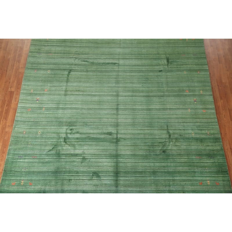 Striped Green Gabbeh Oriental Area Rug Handmade Silk Carpet - 9'1"x 11'5"