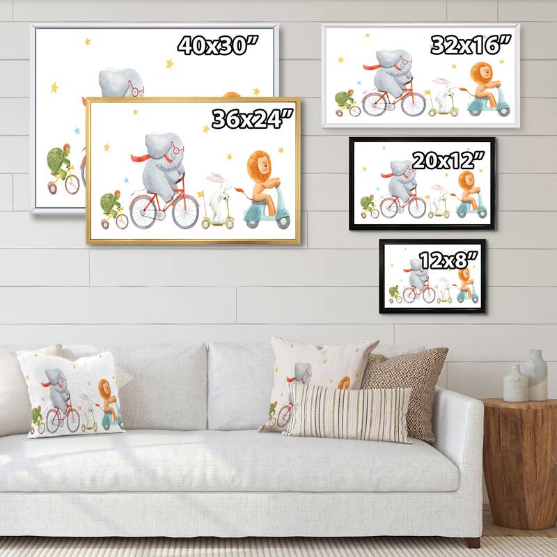 Designart "Cute Animals On Bicycle" Traditional Framed Children's