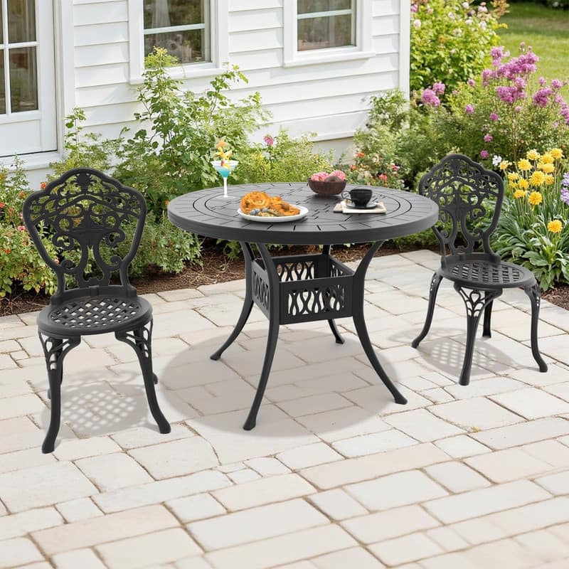 Traditions 3-Piece Patio Outdoor Dining Set with 2 Dining Chairs and Round Dining Table, Rust Free - Black