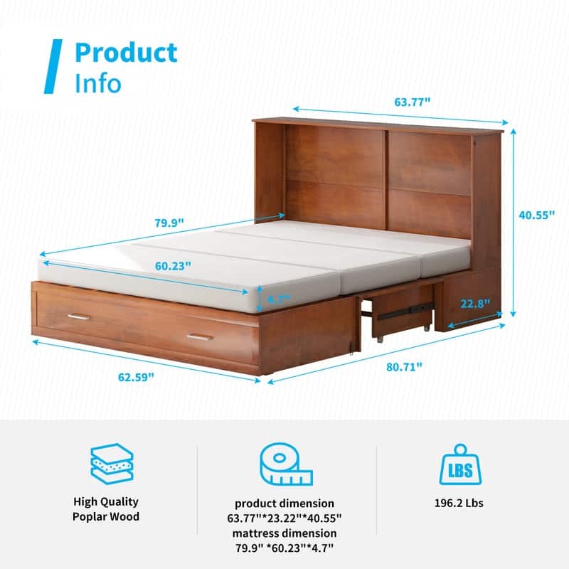 Mixoy Queen Murphy Bed Cabinet Bed Chest with Mattress,Drawers,USB Charging Station