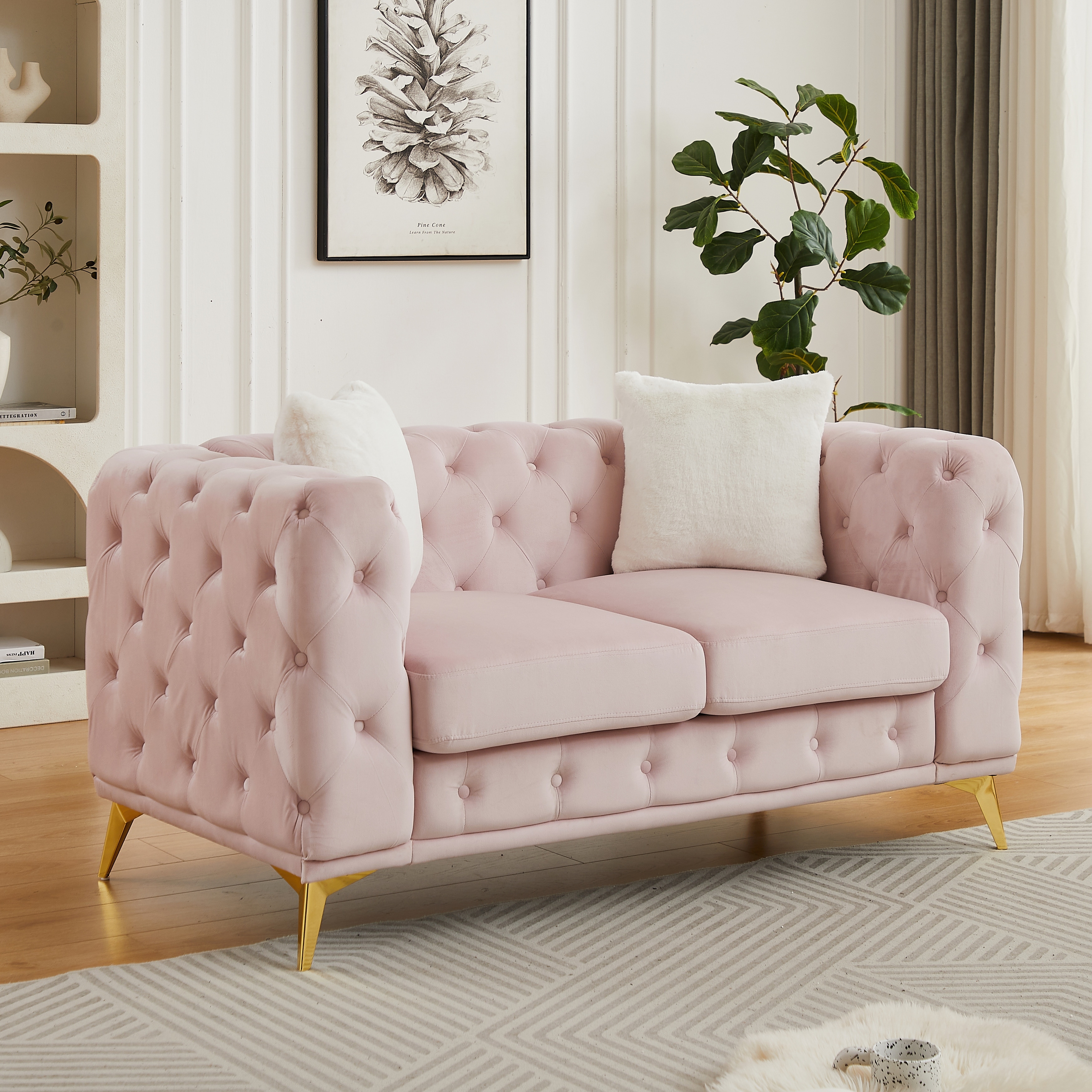 Modern Velvet Loveseat Sofa Couch with 2 Pillows and Metal Feet, Tufted Buttons Upholstered Sofa for Living Room, Bedroom