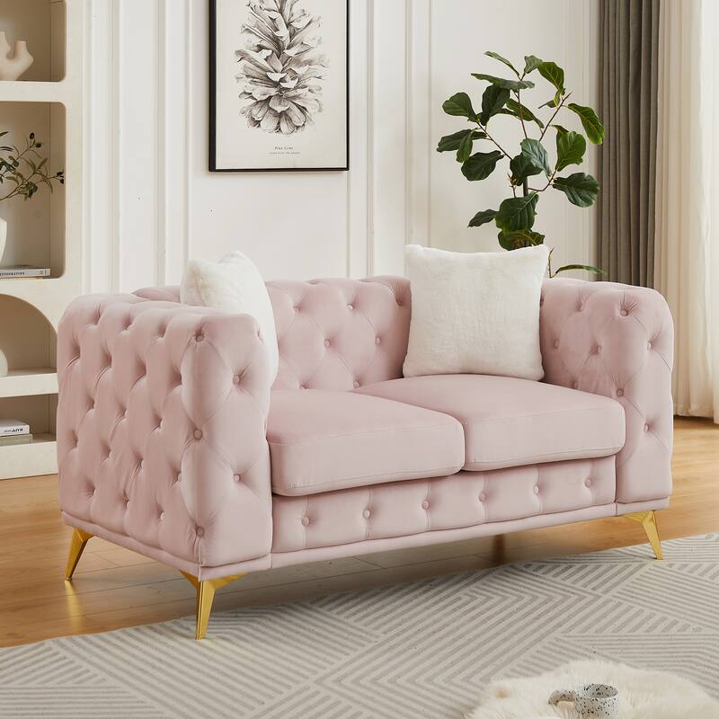 Velvet Chesterfield Loveseat Sofa, Tufted Button Upholstered 2 Seater Sofa, Lounge Sofa Chair with 2 Pillows & Metal Legs