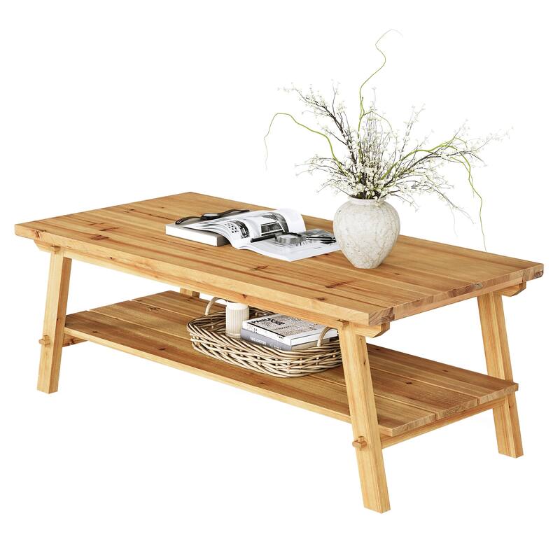 Solid Wood Coffee Table with Storage, Living Room Center Tea Table Accent Side Table