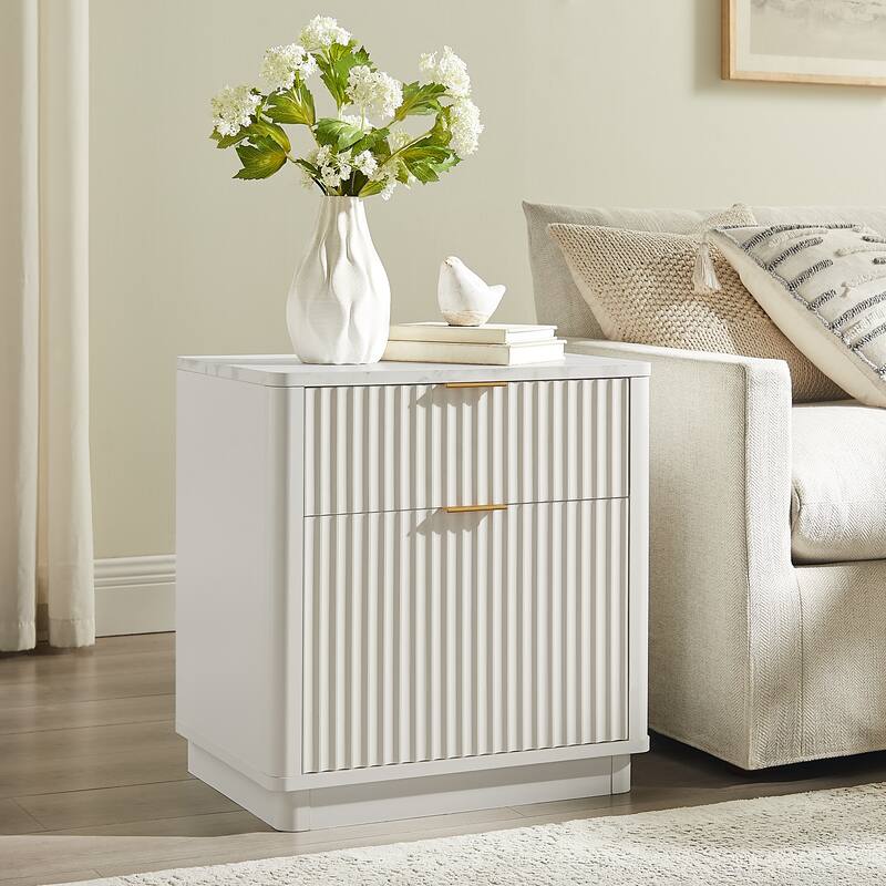 Modern Fluted Nightstand with Charging Station, 2 Drawer Bedside Table