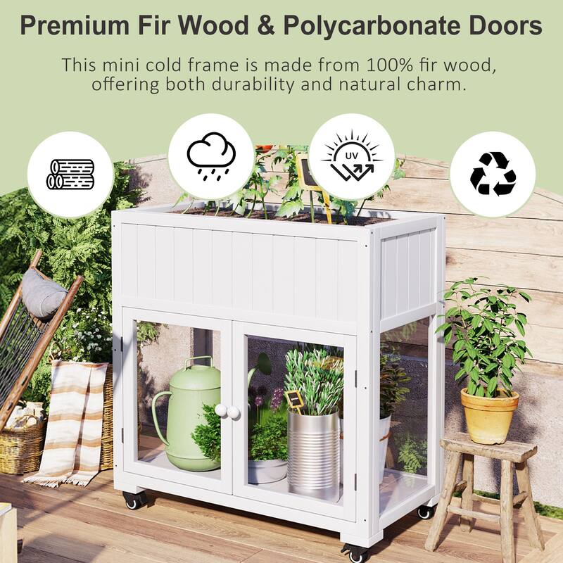 Patio 35.4x17.7x37.4 Mini Wood Cold Frame, Compact 2 Doors Garden Greenhouse with Wheels, Raised Bed with Liner