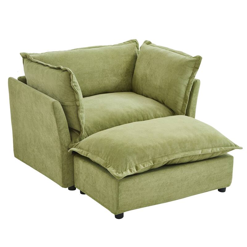 47" Cozy Upholstered Armchair with Movable Ottoman, Wide Seat, Curved Armrests and Soft Pillows