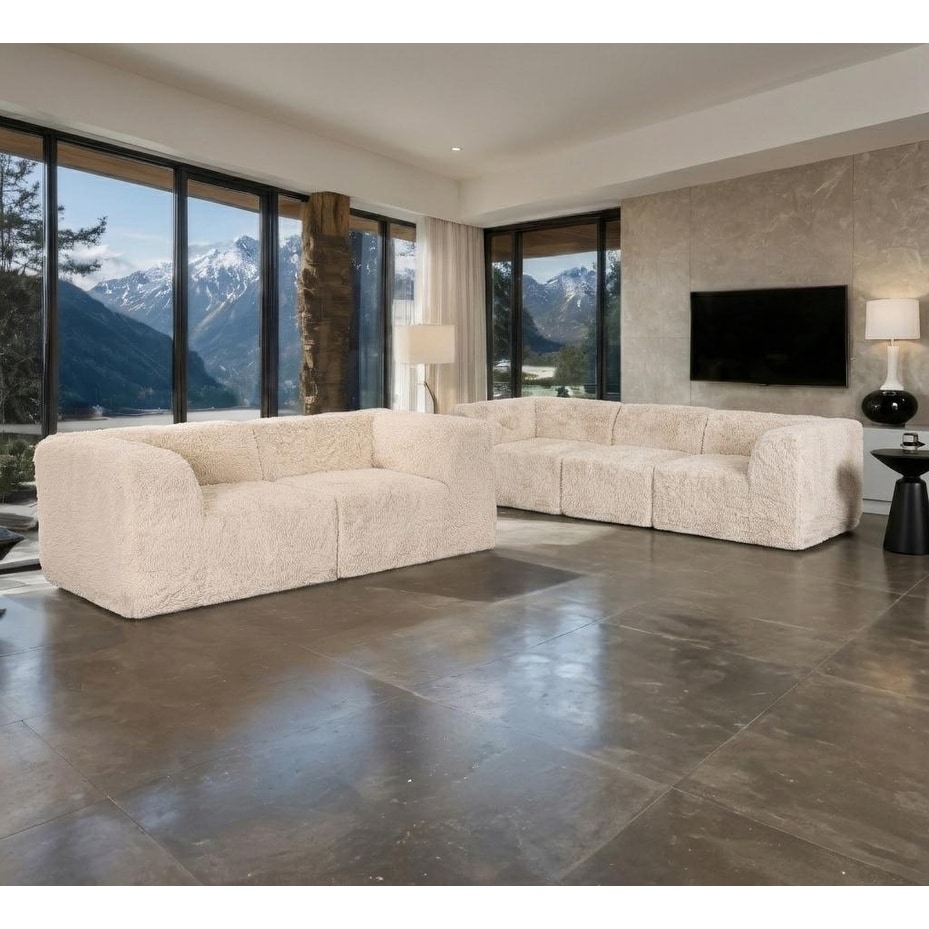 2pc Modern Sand Finish Faux Fur Compressed Sofa Furniture Set