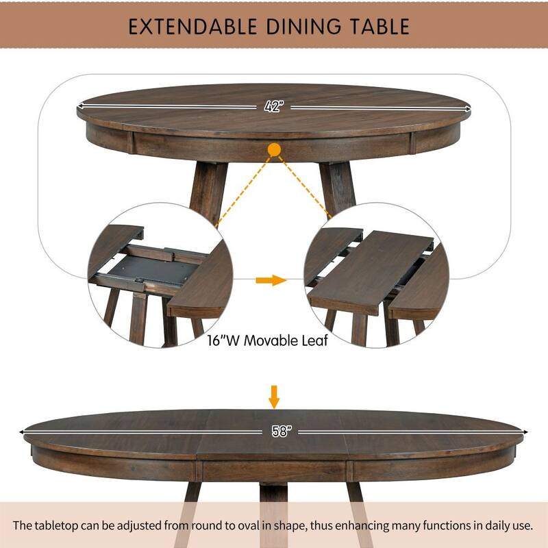 5-Piece Retro Functional Dining Set, Round Table with a 16"W Leaf and 4 Upholstered Chairs