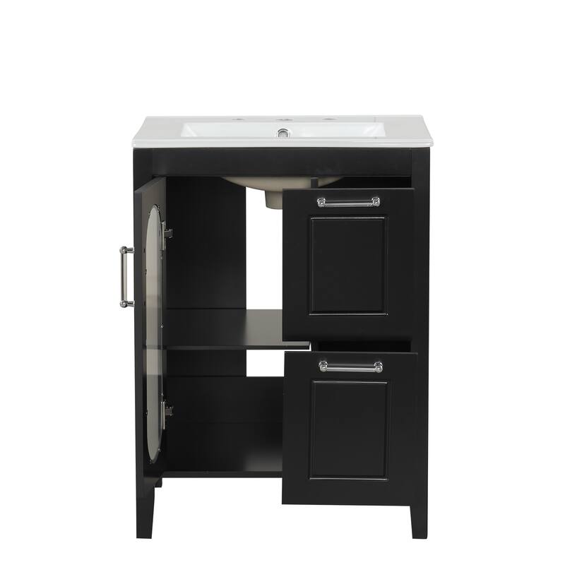 24" Black Bathroom Vanity with Sink - Solid Wood & MDF, Moru Glass Door, 2 Drawers, Adjustable Shelf