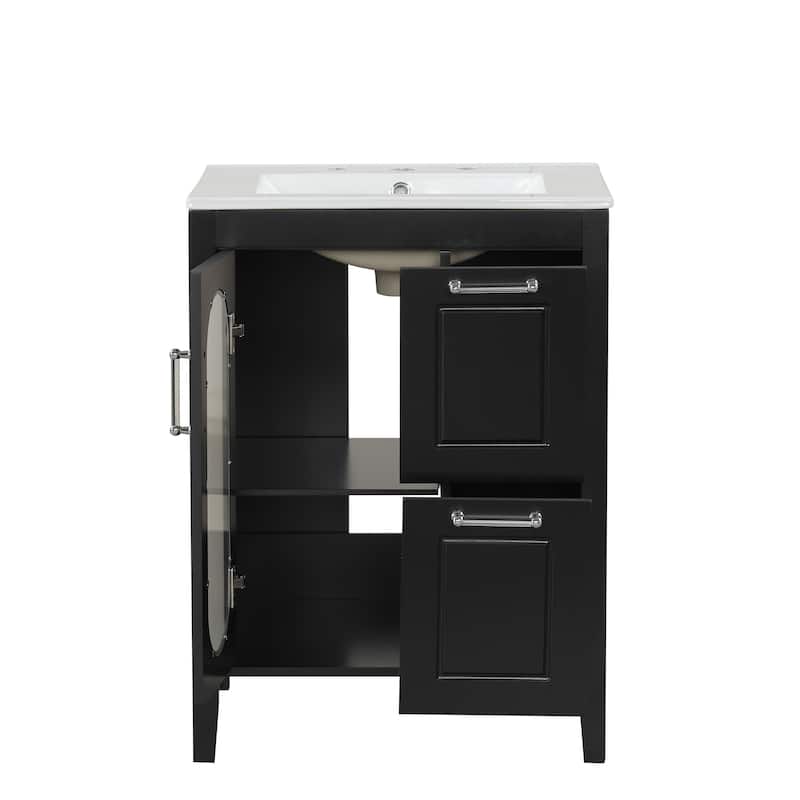GDFStudio - Emma 24-Inch Bathroom Vanity with Ceramic Sink, Moru Glass Door and Adjustable Storage