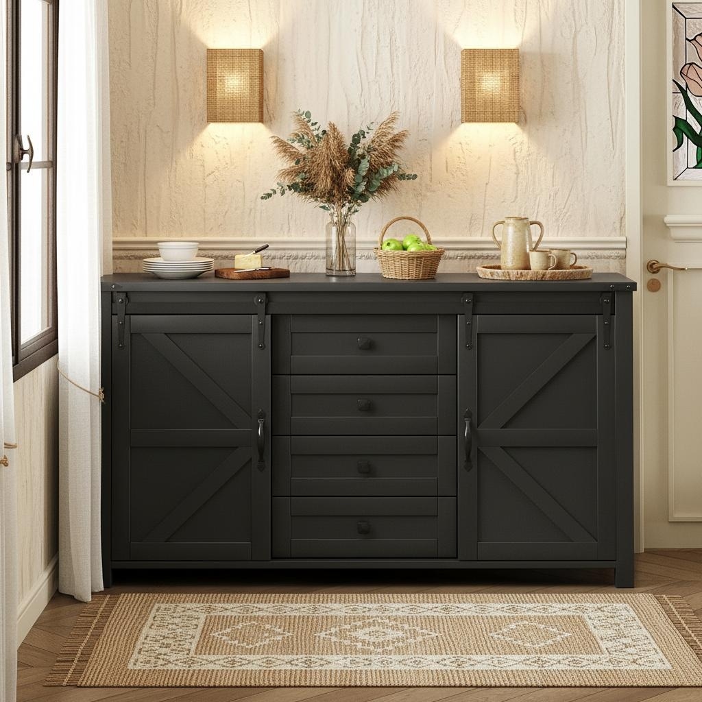 Farmhouse Sideboard Cabinet with Sliding Barn Doors, Power Outlet & 4 Drawers by Harper&Bright Designs