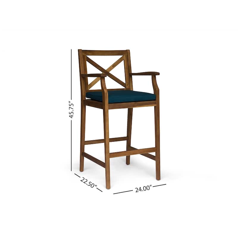 Roomfitters 2-Piece Outdoor Acacia Wood Bar Stools with Armrests and Cushions, X-Back Patio High Dining Chairs
