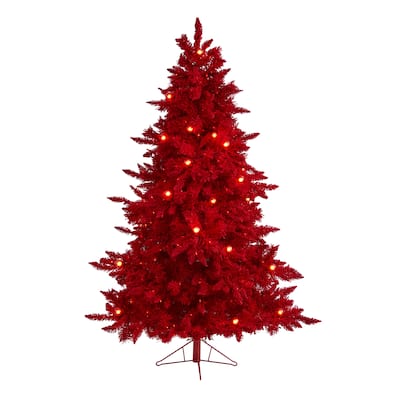 6' Pre-Lit Red Flocked Artificial Christmas Tree, Warm Clear LED Lights - 6 Foot