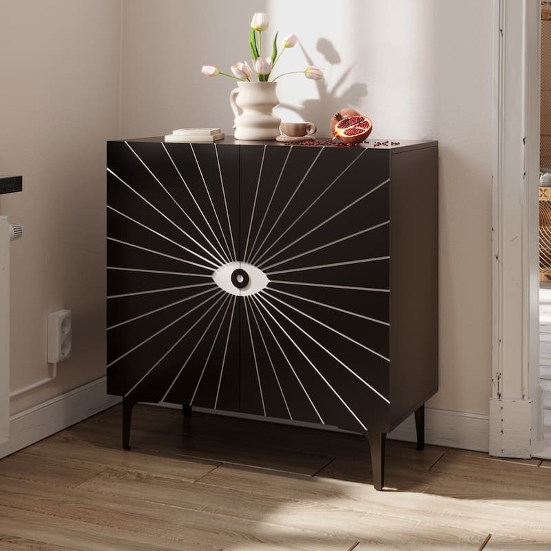 Modern Eye-Pattern Accent Cabinet Buffet, 2-Door Wooden Storage Cabinet Sideboard with Adjustable Shelves - Black,White