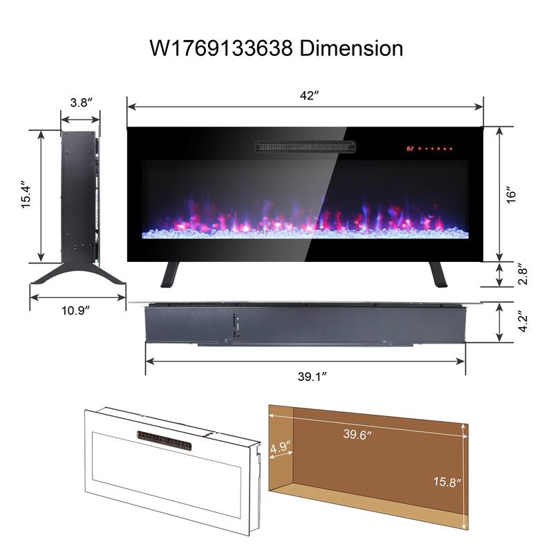 42-Inch Wall-Mounted Electric Fireplace with Touch Control, 16 Flame Colors, Multi-Color Emberbed, and Remote