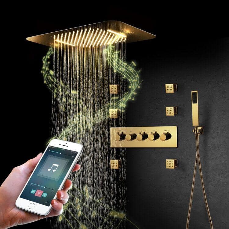 Polished gold ceiling mount 16 inch rainfall waterfall 64 LED lights Music rain shower system with body jets - 7'6" x 10'9"
