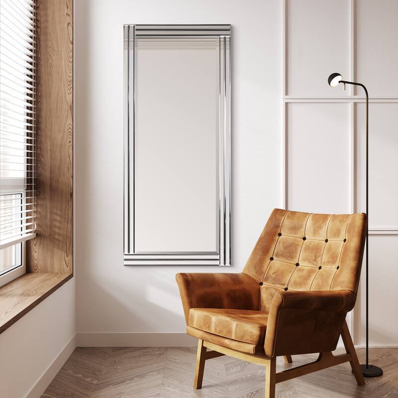 Moderno Stepped Beveled Rectangle Wall Mirror, Solid Wood Frame, 1"-Beveled Center Mirror, Ready to Hang - Clear