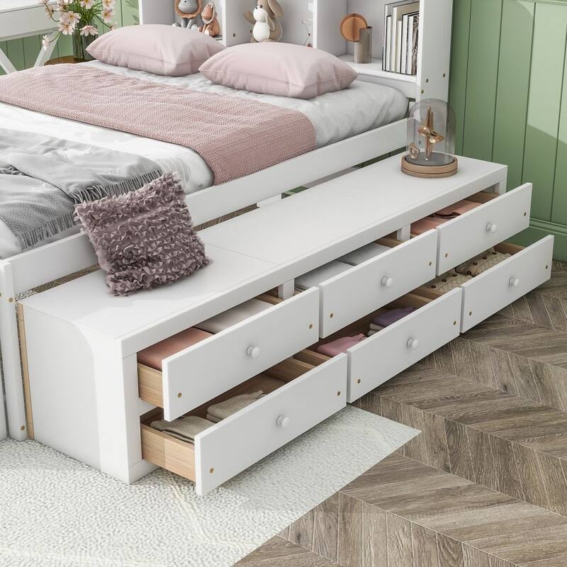 Full Size Bed with Bookcase Headboard, Under bed Storage Drawers and Bed End Storage Case