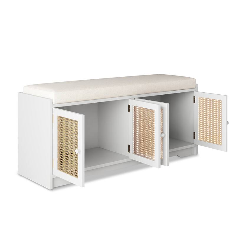Upholstered Storage Bench with Cabinet Rattan Style Wood Cabinet