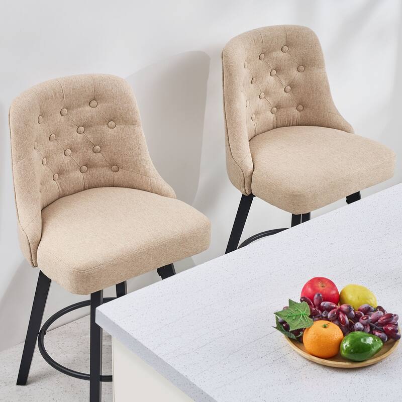 Set of 2 Modern Counter Stools, 26" Swivel Bar Stools with Linen Upholstery & Wooden Legs - Mid-Century Kitchen Island Chairs