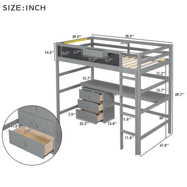 dimension image slide 1 of 2, Wood Twin Size Loft Bed with Desk, Blackboard, Storage Box, Shelf & 3 Drawers, Safe Design with Guardrails, Grey