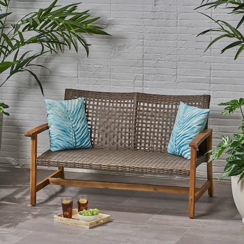 Hampton Outdoor Wood and Wicker Loveseat by Christopher Knight Home