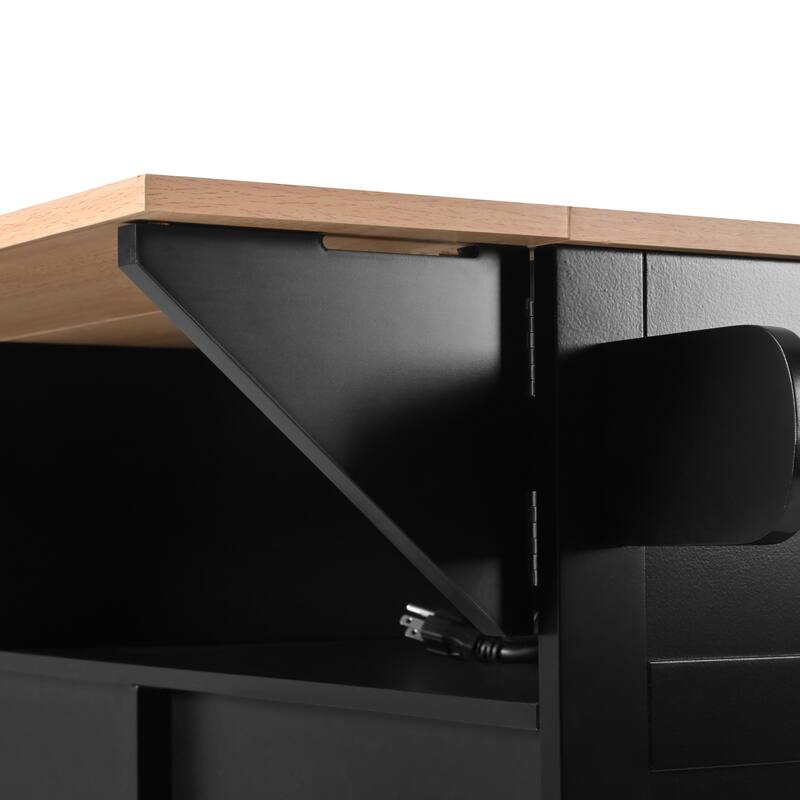 55.75'' Kitchen Island with 2 Drop Leaf, Rolling Wheels, Power Outlet, Spice & Towel Rack and 3 Drawers