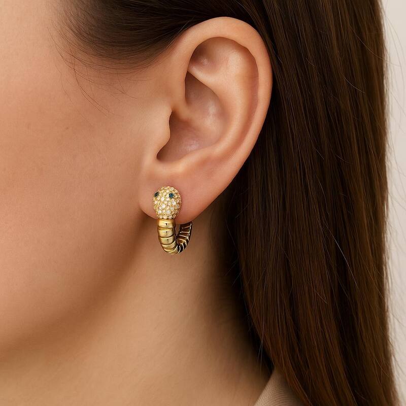 Cubic Zirconia Encrusted Snake with Green Crystal Eyes Earrings - 1"