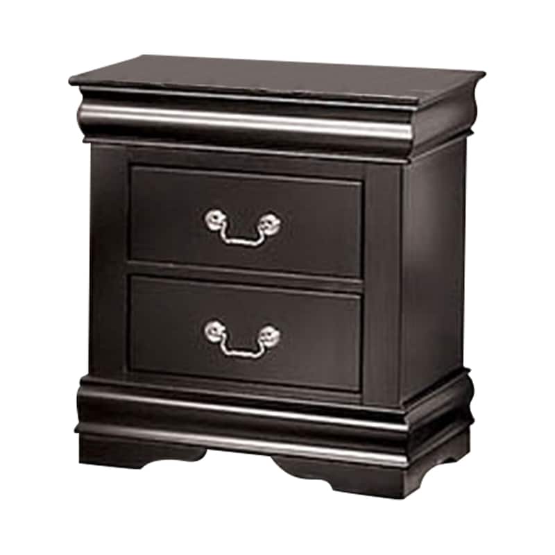 Ryla Nightstand, 2 Drawers, Black Solid Wood, Nickel Metal Drop Handles