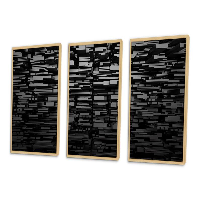 Designart "Black 3D Geometric Background" Abstract Framed Artwork Set of 3 - 4 Colors of Frames