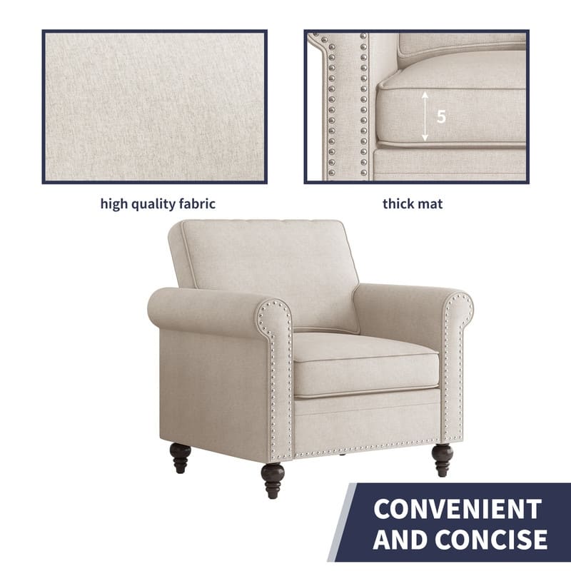 Mixoy 2 Piece Living Room Sofa Set with Rivet Design,Linen 3-Seater Sofa Couch,Loveseat Sofa/Single Sofa Chair