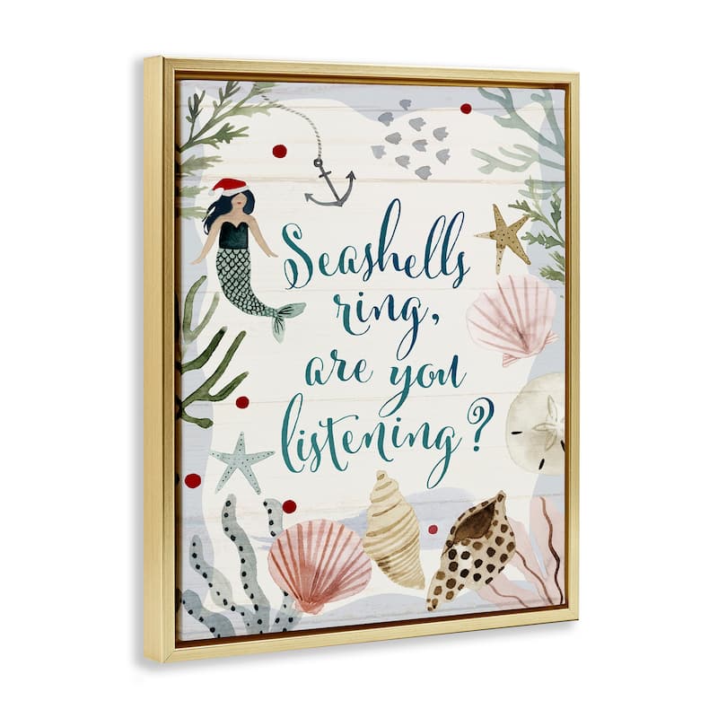 Stupell Seashells Ring, You Listening Phrase Nautical Beach Christmas Floater Frame - Off-White