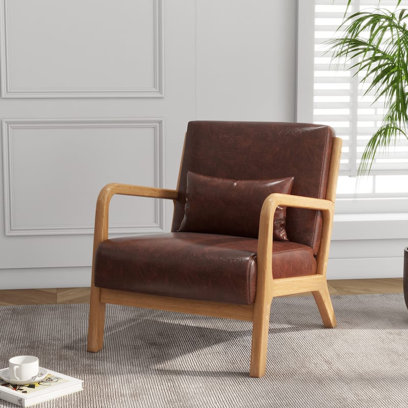 Mid Century Solid Wood Upholstered Accent Chair - COFFEE/PU/NATURAL WOOD HIGH SIDE FRAME