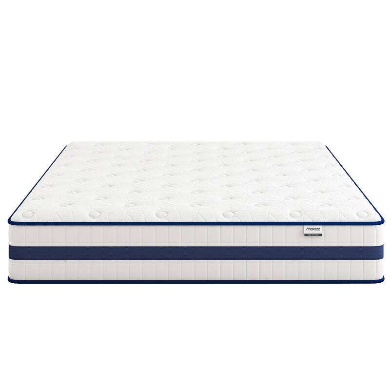 Roomfitters 12 Inch Queen Hybrid Mattress, High Density Memory Foam and 7-Zone Pocket Spring Bed for Back Support, White+Blue