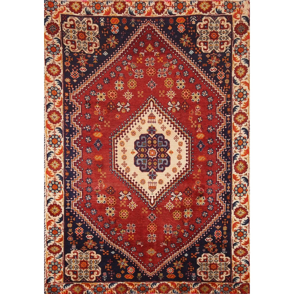Shiraz Persian Vintage Area Rug Handmade Geometric Red Wool Carpet - 3'2"x 4'10"