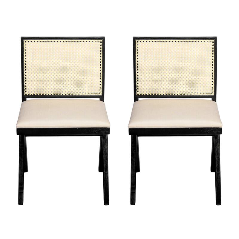 Dining Chairs Set of 2, Ergonomic Upholstered Kitchen Side Chairs, Accent Chairs with Rattan Backrest & Solid Wood Legs