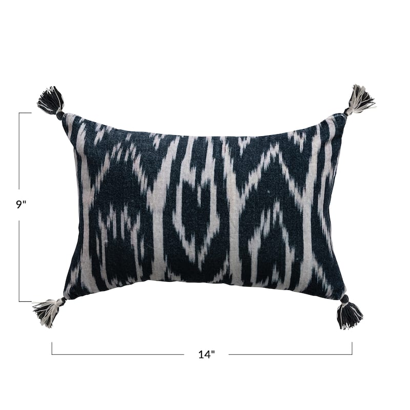 Cotton Velvet Ikat Printed Lumbar Pillow with Tassels and Chambray Back