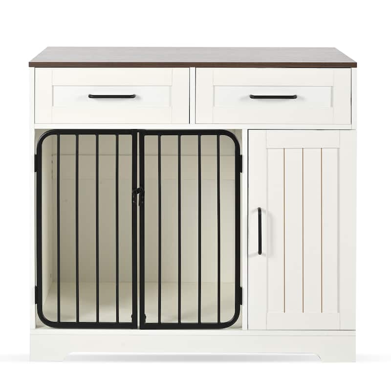 37.4" Dog Crate Furniture, Indoor Dog Kennel with 2 Drawers and Storage Cabinet, Modern Furniture Dog Crate Side End Table