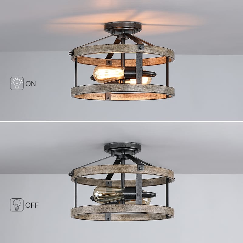 13 in. 2-Light Natural Iron and Distressed Faux Wood Industrial Farmhouse Semi-Flush Mount Ceiling Light