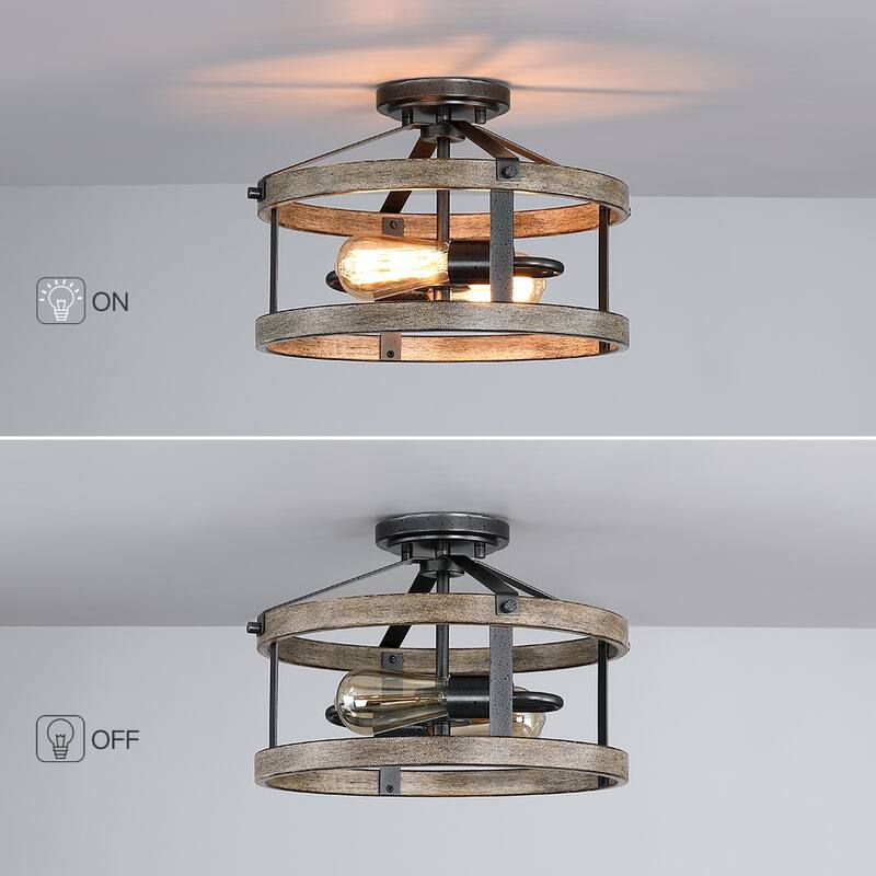 2-Light Natural Iron and Distressed Faux Wood Industrial Farmhouse Semi-Flush Mount Ceiling Light - 13'' W