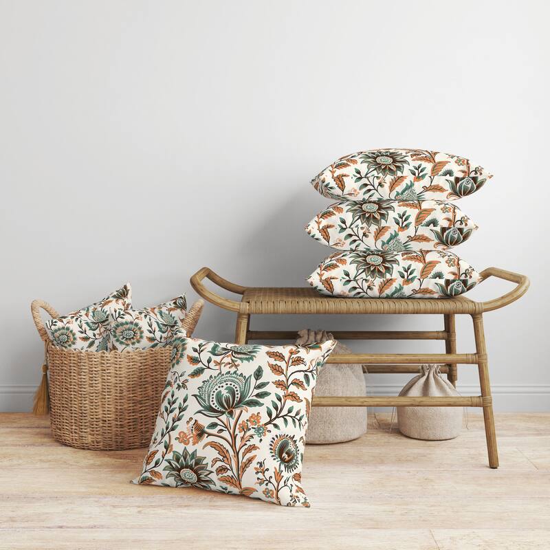 Orange And Teal Sanganeri Block Print Indoor/Outdoor Throw Pillow Zipper
