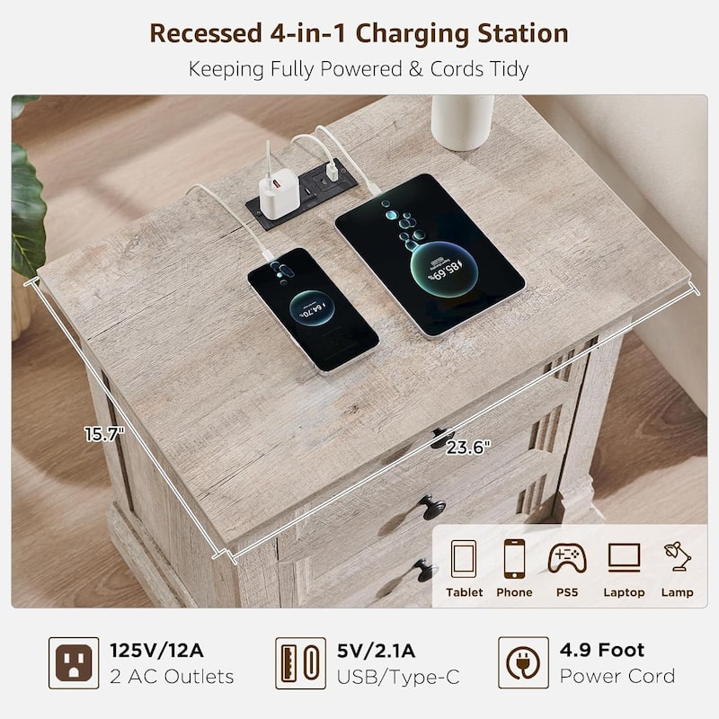 Farmhouse 3 Drawers Nightstand with Charging Station, Rustic End Table