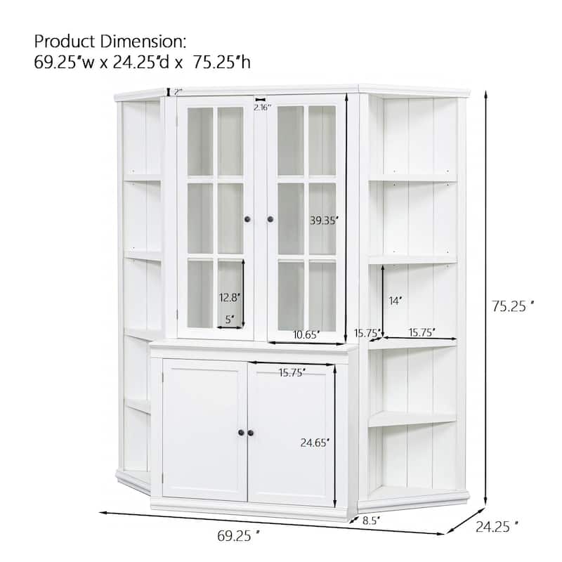 75.25"Tall Display Cabinet and Two Triangle Sided Bookshelves, 69.25"Wide Retro Style Wall Suit with Glass Doors