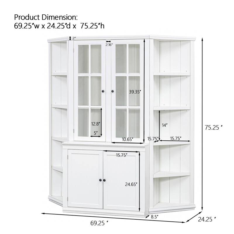 75.25'' Tall Display Cabinet and Two Triangle Sided Bookshelves, 69.25'' Wide Retro Style Wall Suit with Glass Doors