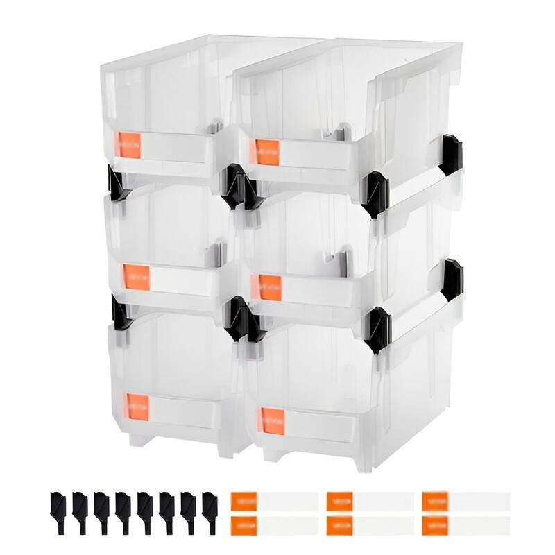 6-Pack Stackable Plastic Storage Bins with Label Stickers for Garage Kitchen or Craft Room - 14.8 x 8.5 x 7.1 in - Clear