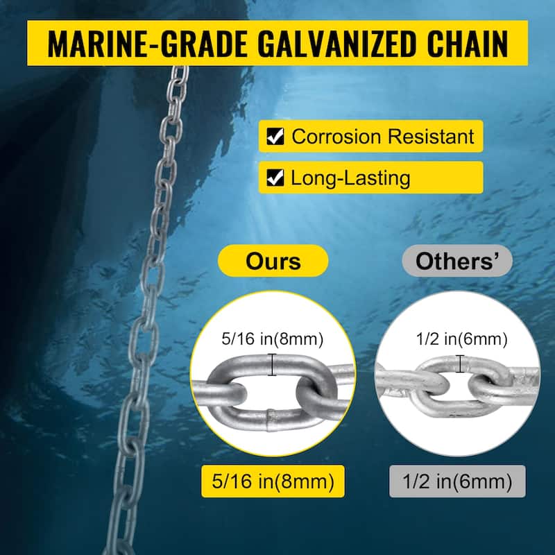 UIMOSO Windlass Anchor Rode and Chain, 5/16" x 15' Boat Anchor Chain and 1/2" x 200' Nylon Rope, 2373 lbs. WLL/7120 lbs.